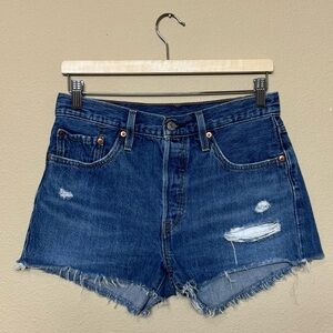 Levi's 501 shorts women 28 high rise button fly denim cut off jeans blue